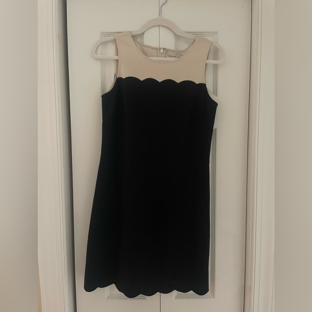 LOFT Black and Cream Scalloped Mini Dress
